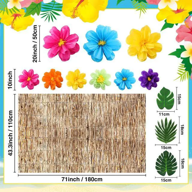 Alt view image 2 of 6 - 22 Pcs Hawaiian Beach Backdrop with Hawaii Paper Flowers Decorations Set 71 x 43 Inch Hawaiian Backdrop 3D Hibiscus Paper Flower Palm Leaves for Aloha Luau Party Decorations (Reed Style)