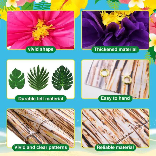 Alt view image 3 of 6 - 22 Pcs Hawaiian Beach Backdrop with Hawaii Paper Flowers Decorations Set 71 x 43 Inch Hawaiian Backdrop 3D Hibiscus Paper Flower Palm Leaves for Aloha Luau Party Decorations (Reed Style)
