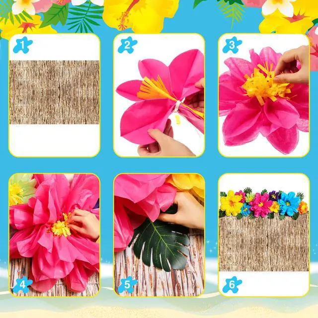 Alt view image 4 of 6 - 22 Pcs Hawaiian Beach Backdrop with Hawaii Paper Flowers Decorations Set 71 x 43 Inch Hawaiian Backdrop 3D Hibiscus Paper Flower Palm Leaves for Aloha Luau Party Decorations (Reed Style)