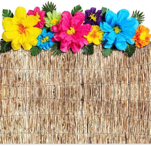 Main image of 22 Pcs Hawaiian Beach Backdrop with Hawaii Paper Flowers Decorations Set 71 x 43 Inch Hawaiian Backdrop 3D Hibiscus Paper Flower Palm Leaves for Aloha Luau Party Decorations (Reed Style)