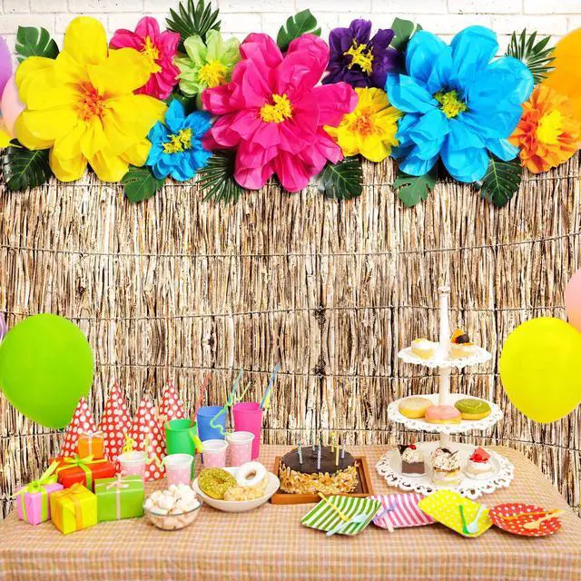 Alt view image 5 of 6 - 22 Pcs Hawaiian Beach Backdrop with Hawaii Paper Flowers Decorations Set 71 x 43 Inch Hawaiian Backdrop 3D Hibiscus Paper Flower Palm Leaves for Aloha Luau Party Decorations (Reed Style)
