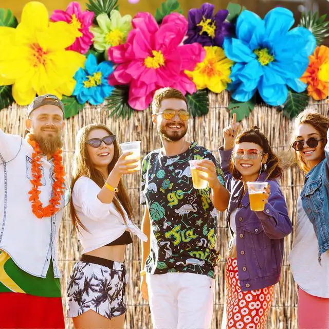 Alt view image 6 of 6 - 22 Pcs Hawaiian Beach Backdrop with Hawaii Paper Flowers Decorations Set 71 x 43 Inch Hawaiian Backdrop 3D Hibiscus Paper Flower Palm Leaves for Aloha Luau Party Decorations (Reed Style)