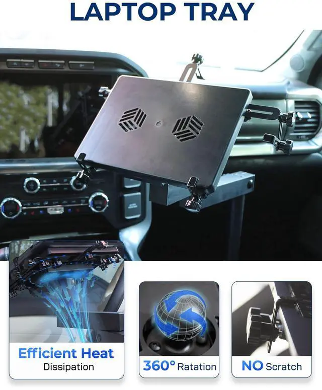 Alt view image 5 of 7 - Truck Laptop Mount Fit for 19-25 Chevy Silverado, Tahoe, GMC Sierra, No-Drilling Vehicle Laptop Mount Built-in Cooling Fan Adjustable Truck Computer Stand