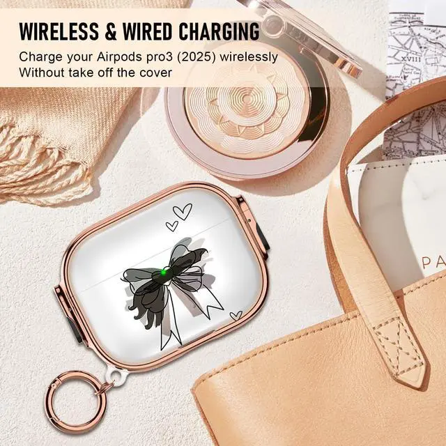 Alt view image 6 of 7 - for Apple Airpods Pro 3 case(2025) with Safety Lock,Compatible Airpods Pro 3rd Generation case Cover,for Cute AirPods Pro Case for Women Girly with Keychain-Black Bow