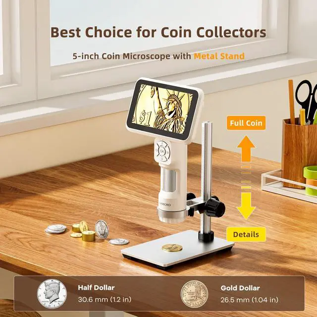 Alt view image 2 of 7 - LM115 Coin Digital Microscope with 5'' IPS Screen, Coin Magnifier Handheld for Adults, Anti-Shake, Kids Portable Microscope Camera with 8 LED, 1800mAh Battery, 1080P Video, PC View, 7.3" Metal Stand