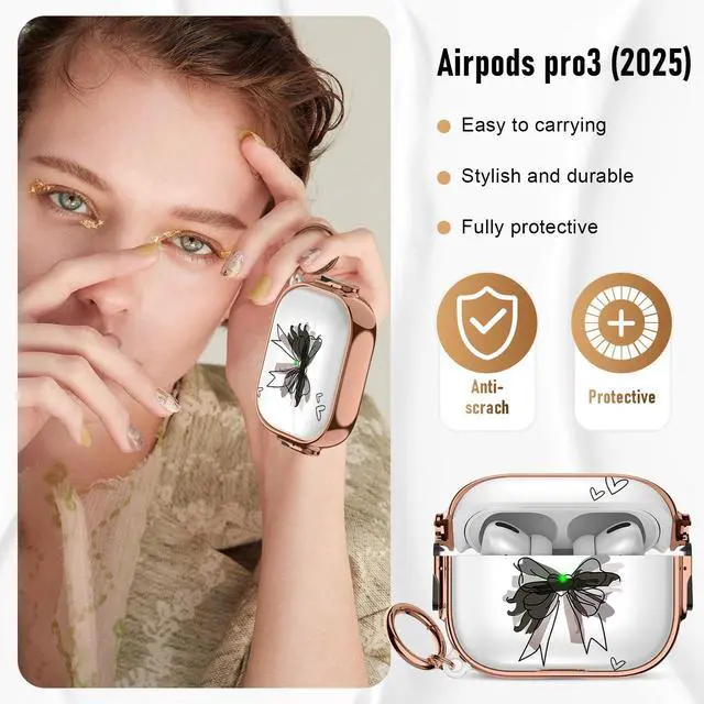 Alt view image 4 of 7 - for Apple Airpods Pro 3 case(2025) with Safety Lock,Compatible Airpods Pro 3rd Generation case Cover,for Cute AirPods Pro Case for Women Girly with Keychain-Black Bow