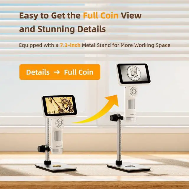 Alt view image 3 of 7 - LM115 Coin Digital Microscope with 5'' IPS Screen, Coin Magnifier Handheld for Adults, Anti-Shake, Kids Portable Microscope Camera with 8 LED, 1800mAh Battery, 1080P Video, PC View, 7.3" Metal Stand