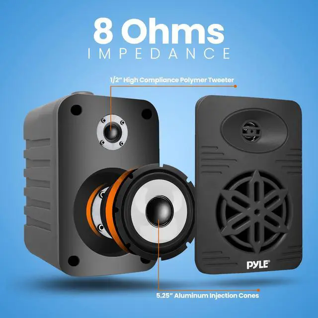 Alt view image 5 of 7 - 500 Watt Bluetooth Indoor Outdoor Speakers Pair - Dual Waterproof 5.25 2-Way Full Range Speaker System w/ 1/2 High Compliance Polymer Tweeter | Home, Boat, Marine, Deck, Patio, Poolside (Black)