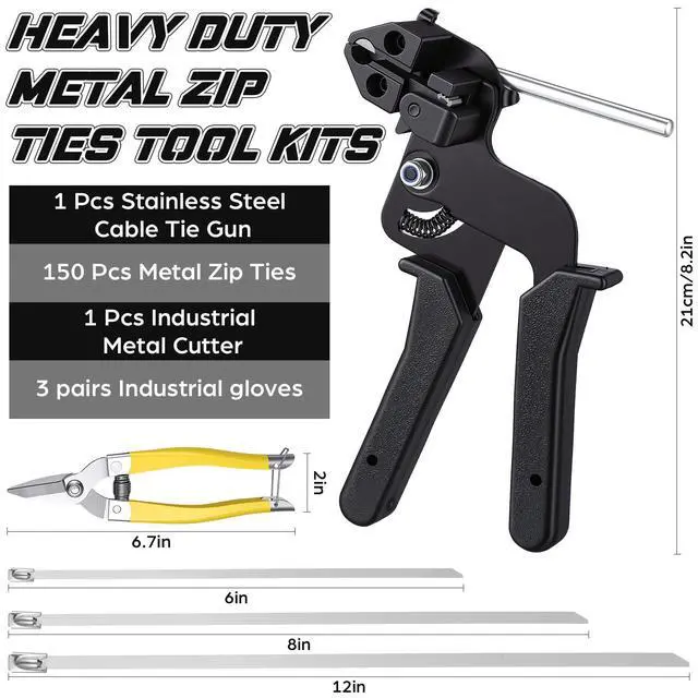 Alt view image 2 of 7 - 155 Pack Stainless Steel Cable Tie Gun Kit, 150 Pcs 6/8/11.8 Inch Metal Zip Ties (50 of Each), Adjustable Fastening and Cutting Tools for Fence, Chain Link Fence, Pipe, Industrial Use