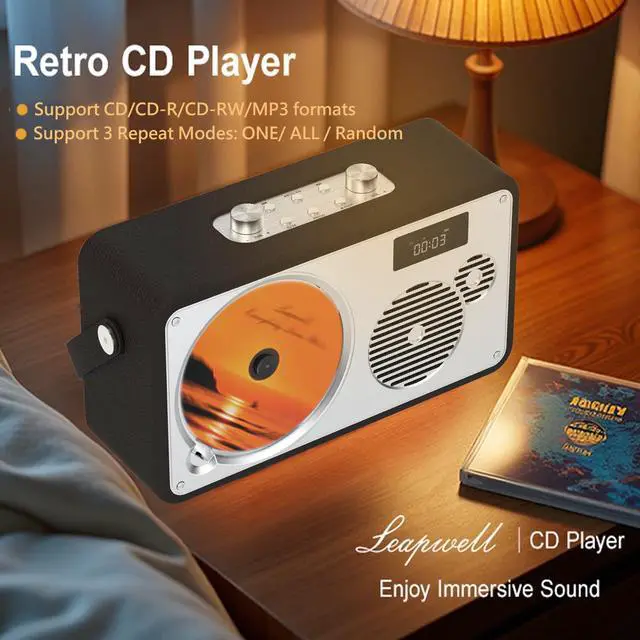 Alt view image 3 of 7 - LP-103 Portable HiFi CD Player with Bluetooth Speaker FM Radio USB | Retro Leather Premium Stereo System for Home/Outside, Rechargeable Battery, AUX, DSP-Tech, Remote Control