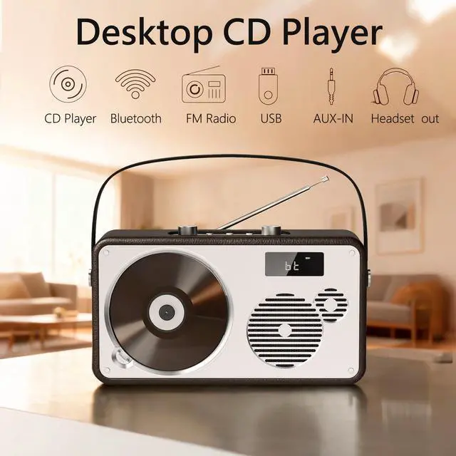 Alt view image 2 of 7 - LP-103 Portable HiFi CD Player with Bluetooth Speaker FM Radio USB | Retro Leather Premium Stereo System for Home/Outside, Rechargeable Battery, AUX, DSP-Tech, Remote Control