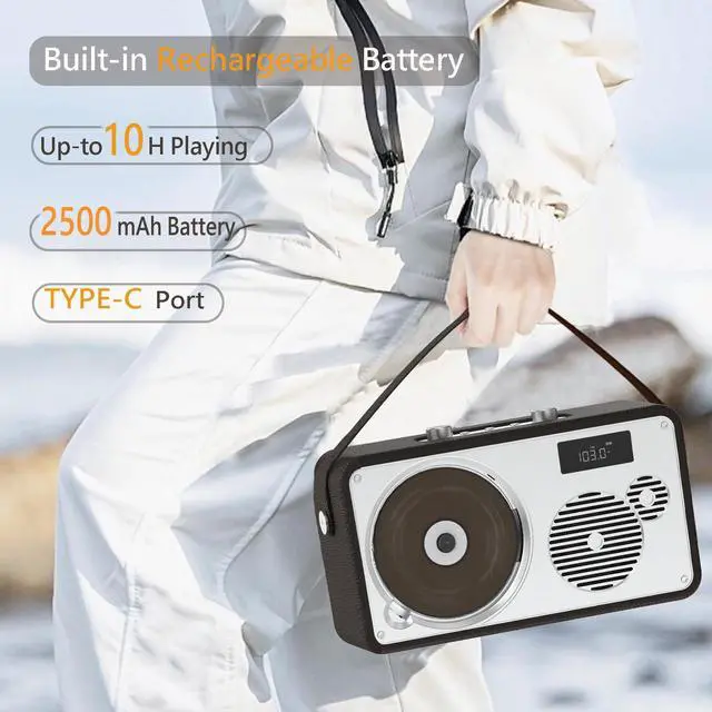 Alt view image 4 of 7 - LP-103 Portable HiFi CD Player with Bluetooth Speaker FM Radio USB | Retro Leather Premium Stereo System for Home/Outside, Rechargeable Battery, AUX, DSP-Tech, Remote Control