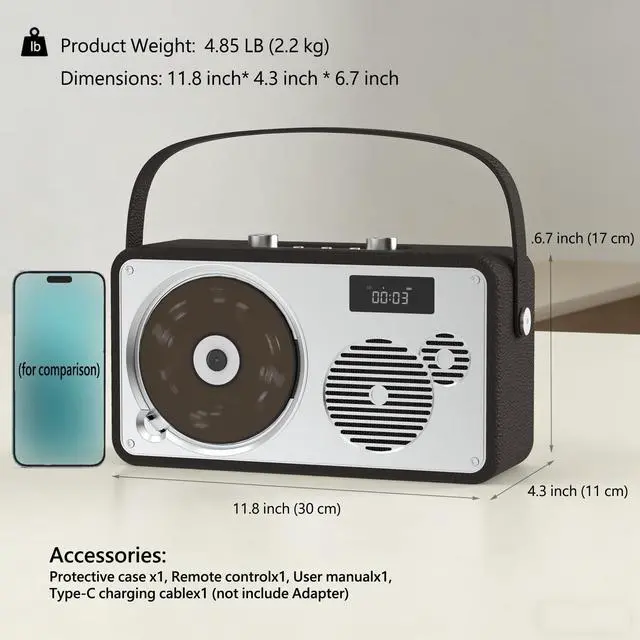 Alt view image 6 of 7 - LP-103 Portable HiFi CD Player with Bluetooth Speaker FM Radio USB | Retro Leather Premium Stereo System for Home/Outside, Rechargeable Battery, AUX, DSP-Tech, Remote Control