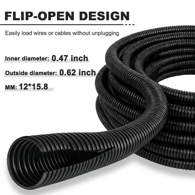 Alt view image 2 of 7 - 120ft 1/2 inch Split Wire Loom Tubing Kit with 2 Clamps - Flexible Abrasion Resistant Conduit for Automotive, Mechanical Cable Protection