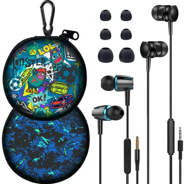 Main image of 2-Pack Teens Wired Earbuds with Cases, 3.5mm School Headphones, Graffiti | 2-pack wired student earbuds with D-ring carabiner clips to attach on school backpacks, 2 aesthetic cases & mics