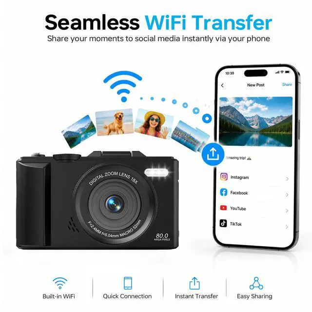 Alt view image 6 of 7 - 5K Digital Camera, 80MP 18X Autofocus Video 3.0" IPS LCD Flip Screen Vlog Camera for YouTube, 32GB SD Card USB 2.0 Detachable Rechargeable Li Battery Anti-Shake Compact Camera for Party Beginner Black