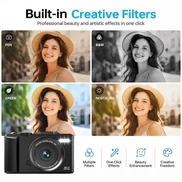 Alt view image 7 of 7 - 5K Digital Camera, 80MP 18X Autofocus Video 3.0" IPS LCD Flip Screen Vlog Camera for YouTube, 32GB SD Card USB 2.0 Detachable Rechargeable Li Battery Anti-Shake Compact Camera for Party Beginner Black