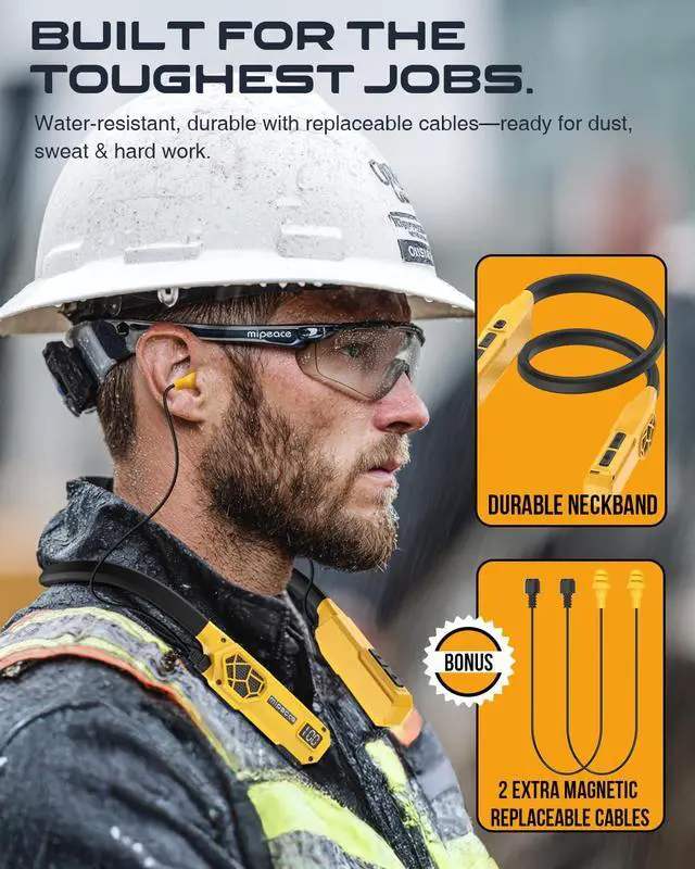 Alt view image 5 of 7 - Neckband Bluetooth Headphones, 2-in-1 Around The Neck Work Headphones-OSHA Approved Earbuds w/Built-in Speakers,ENC,100+Hrs Playtime,4 EQ Modes for Bluetooth Hearing Protection Mowing Safety