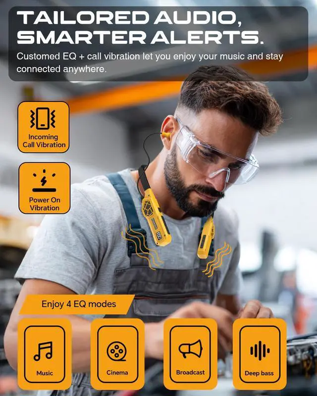 Alt view image 6 of 7 - Neckband Bluetooth Headphones, 2-in-1 Around The Neck Work Headphones-OSHA Approved Earbuds w/Built-in Speakers,ENC,100+Hrs Playtime,4 EQ Modes for Bluetooth Hearing Protection Mowing Safety