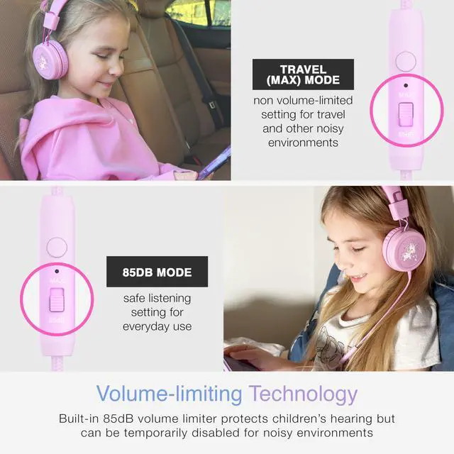 Alt view image 2 of 7 - KidJamz KJ55 Wired Childrens Headphones with 3.5mm Plug, Colorful Graphics, Volume Limiter & Microphone, Adjustable On-Ear Kids Headset for Online Learning/School/Travel/Tablet (Pink)
