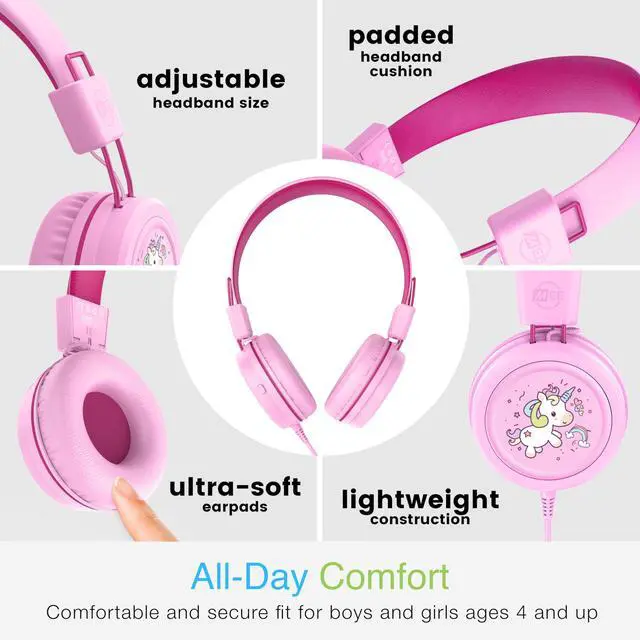 Alt view image 3 of 7 - KidJamz KJ55 Wired Childrens Headphones with 3.5mm Plug, Colorful Graphics, Volume Limiter & Microphone, Adjustable On-Ear Kids Headset for Online Learning/School/Travel/Tablet (Pink)