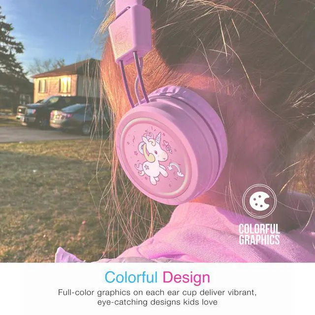 Alt view image 5 of 7 - KidJamz KJ55 Wired Childrens Headphones with 3.5mm Plug, Colorful Graphics, Volume Limiter & Microphone, Adjustable On-Ear Kids Headset for Online Learning/School/Travel/Tablet (Pink)