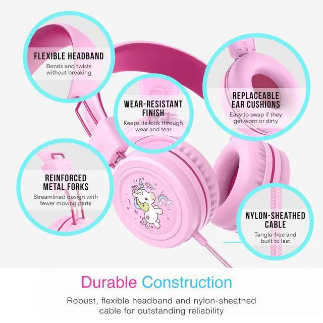 Alt view image 4 of 7 - KidJamz KJ55 Wired Childrens Headphones with 3.5mm Plug, Colorful Graphics, Volume Limiter & Microphone, Adjustable On-Ear Kids Headset for Online Learning/School/Travel/Tablet (Pink)