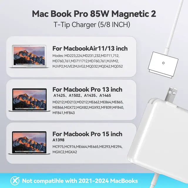 Alt view image 7 of 7 - MacBook Pro Charger - 85W Replacement AC 85W T-Type Interface Power Adapter Mag 2. Laptop Charger, Compatible with MacBook Pro and MacBook Pro 13-inch - 15-inch (2012-2017 Models)