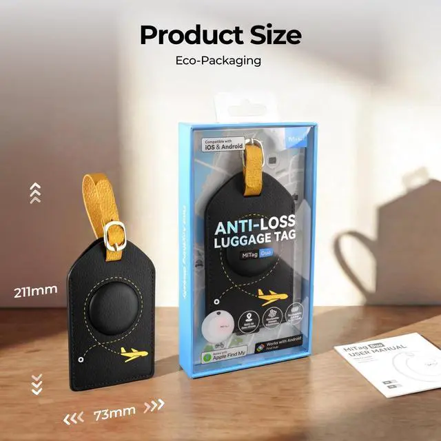 Alt view image 2 of 7 - Smart Bluetooth Luggage Tracker Tag for iOS & Android | Works with Apple Find My & Google Find Hub, Anti-Lost Leather Travel Locator for Suitcase, Backpack, Black