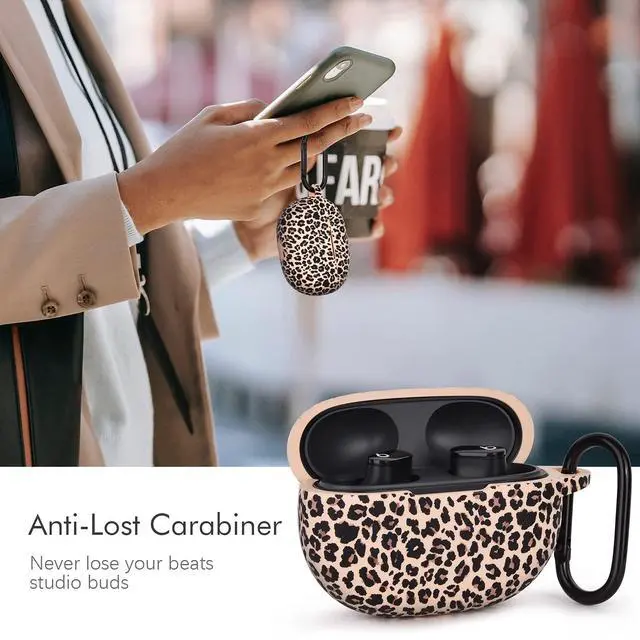 Alt view image 7 of 7 - Case for Beats Studio Buds/Beats Studio Buds Plus Case Cover 2021/2023 Silicone Floral Printed Protective Beats Studio Buds Earbuds Headphones Case Cover Skin with Keychain (Khaki/Leopard)
