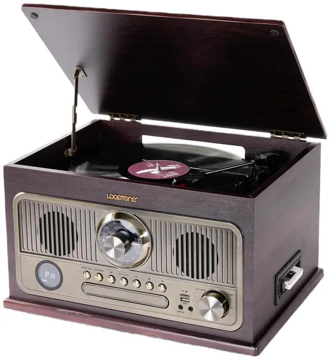 Main image of All in One Bluetooth Vintage Turntable with 3 Speed Vinyl Record Player,CD Player/Cassette Tape/USB/TF Card,AUX in,FM/AM Radio,RCA Out,Recording