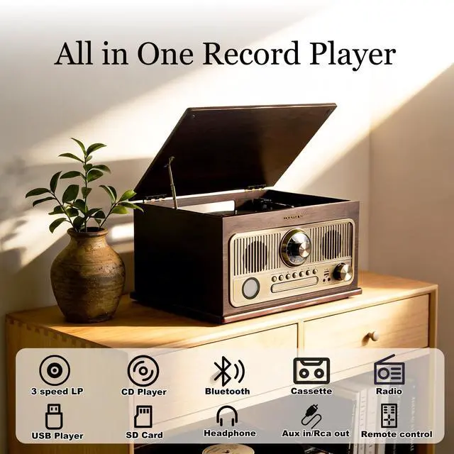 Alt view image 2 of 7 - All in One Bluetooth Vintage Turntable with 3 Speed Vinyl Record Player,CD Player/Cassette Tape/USB/TF Card,AUX in,FM/AM Radio,RCA Out,Recording