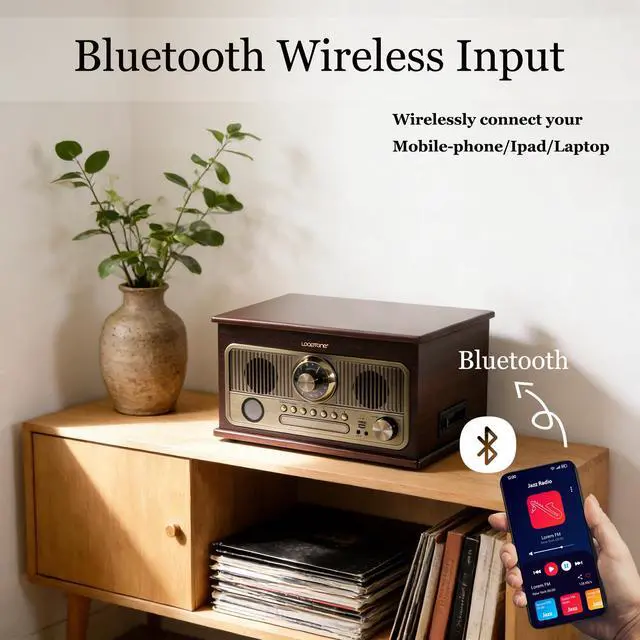 Alt view image 4 of 7 - All in One Bluetooth Vintage Turntable with 3 Speed Vinyl Record Player,CD Player/Cassette Tape/USB/TF Card,AUX in,FM/AM Radio,RCA Out,Recording
