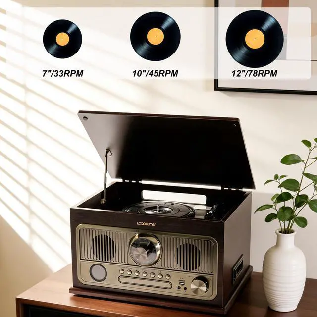 Alt view image 3 of 7 - All in One Bluetooth Vintage Turntable with 3 Speed Vinyl Record Player,CD Player/Cassette Tape/USB/TF Card,AUX in,FM/AM Radio,RCA Out,Recording