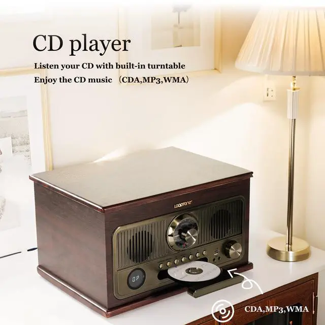 Alt view image 5 of 7 - All in One Bluetooth Vintage Turntable with 3 Speed Vinyl Record Player,CD Player/Cassette Tape/USB/TF Card,AUX in,FM/AM Radio,RCA Out,Recording