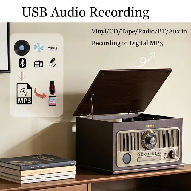 Alt view image 6 of 7 - All in One Bluetooth Vintage Turntable with 3 Speed Vinyl Record Player,CD Player/Cassette Tape/USB/TF Card,AUX in,FM/AM Radio,RCA Out,Recording