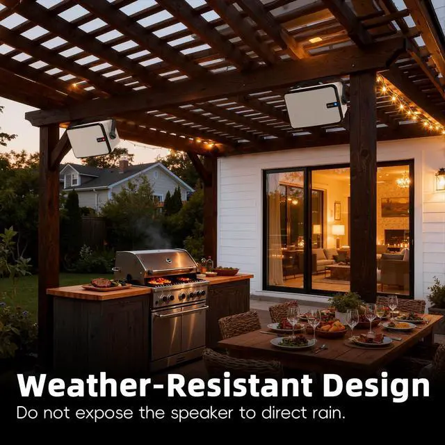 Alt view image 5 of 7 - 600W Outdoor Bluetooth Speakers, Wireless Sync Between Speakers, Powerful Bass, Wall Mount for Patio, Porch, Gazebo, Garage, 2-Pack, White(MZ-658)