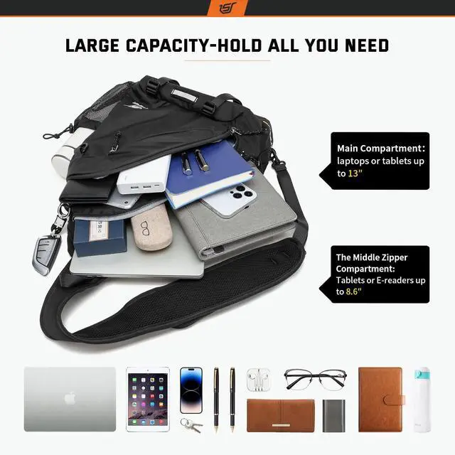 Alt view image 2 of 6 - Sling Laptop Bag (Up to 13 Inch) - 18L Crossbody Sling Backpack Travel Shoulder Bag Hiking Daypack for Men Women(Black)