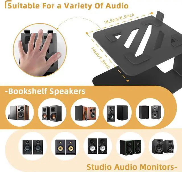 Alt view image 7 of 7 - Desktop Speaker Stands,Metal with Vibration Pads,30 Lbs,Black | Desktop Stands with Vibration-Absorbing Pads and 7° Incline.Supports Up to 30 lbs.Fits Bookshelf and Studio Monitors.1 pair