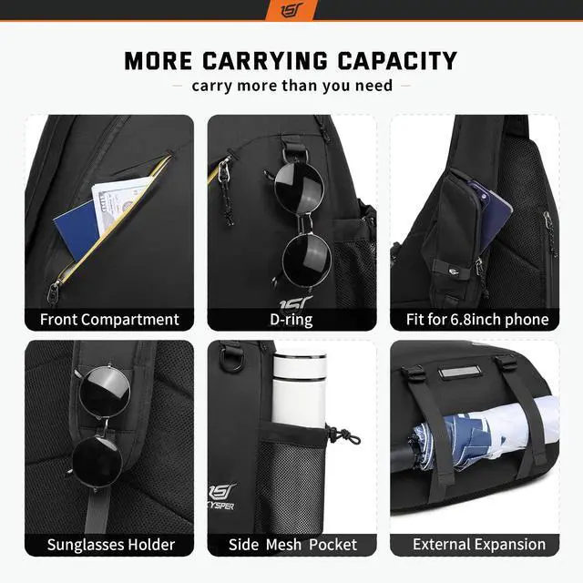 Alt view image 5 of 6 - Sling Laptop Bag (Up to 13 Inch) - 18L Crossbody Sling Backpack Travel Shoulder Bag Hiking Daypack for Men Women(Black)