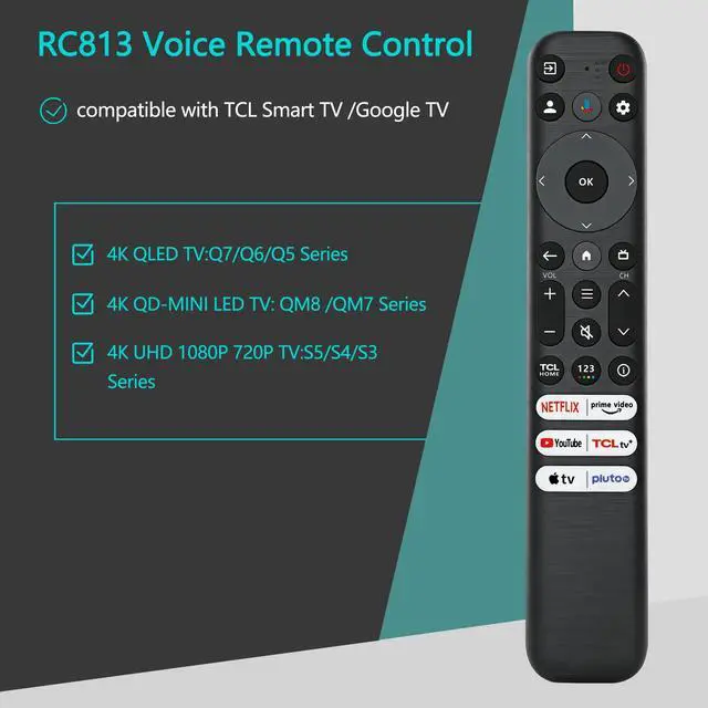 Alt view image 4 of 7 - RC813 Remote Control Compatible with TCL FHD HDR LED QLED 4K UHD Smart TV S3/S4/S5/Q5/Q6/Q7/QM7/QM8 Series Replacement Remote Control for TCL Google TV