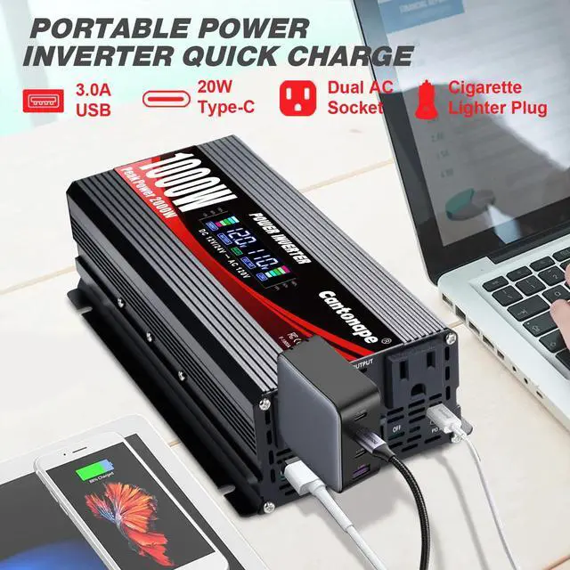 Alt view image 2 of 7 - 1000W Car Power Inverter DC 12V to 110V/120V AC Converter | with LCD Display 2 AC Outlets, 3.0A USB and Type-C Car Inverter for RV Camping Laptop Truck Vehicle
