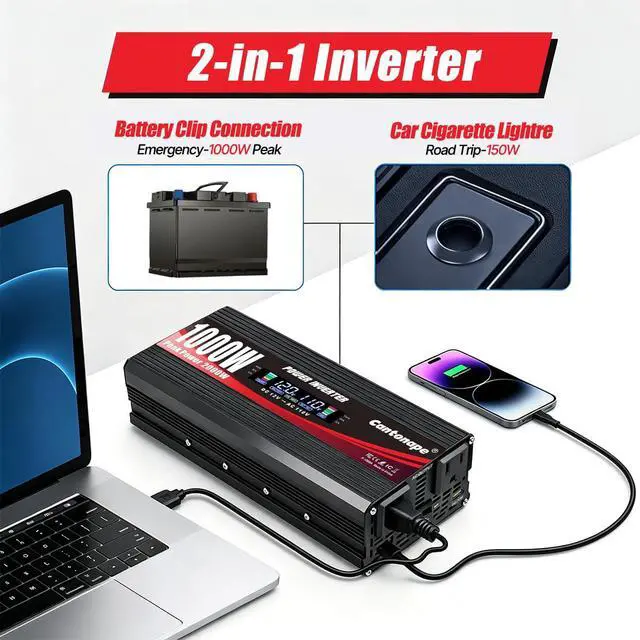 Alt view image 5 of 7 - 1000W Car Power Inverter DC 12V to 110V/120V AC Converter | with LCD Display 2 AC Outlets, 3.0A USB and Type-C Car Inverter for RV Camping Laptop Truck Vehicle