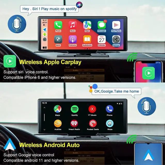 Alt view image 2 of 7 - 9.3" Portable Car Radio with Dashcam, Wireless Dash Mount, Apple CarPlay & Android Auto, Touch Screen Display, Bluetooth Stereo, Mirror Link, FM, GPS Navigation