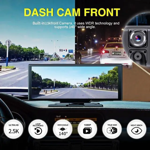 Alt view image 3 of 7 - 9.3" Portable Car Radio with Dashcam, Wireless Dash Mount, Apple CarPlay & Android Auto, Touch Screen Display, Bluetooth Stereo, Mirror Link, FM, GPS Navigation