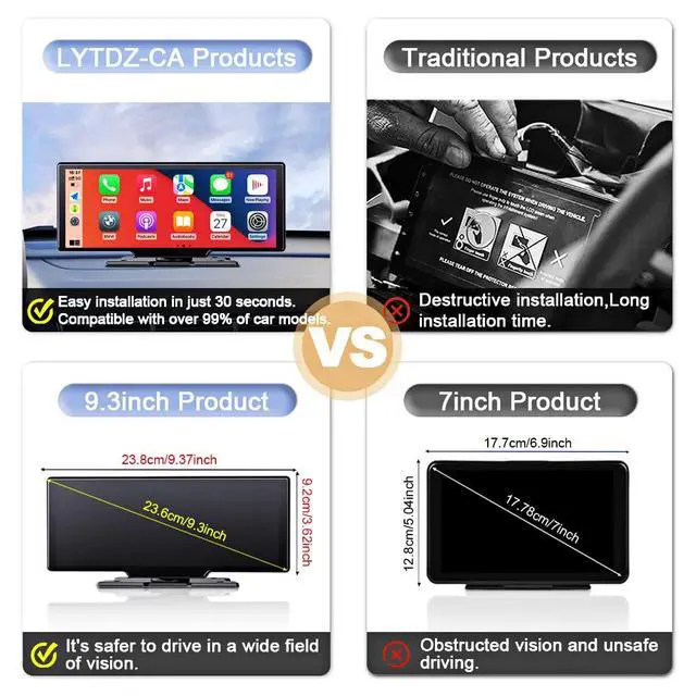 Alt view image 6 of 7 - 9.3" Portable Car Radio with Dashcam, Wireless Dash Mount, Apple CarPlay & Android Auto, Touch Screen Display, Bluetooth Stereo, Mirror Link, FM, GPS Navigation