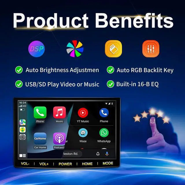 Alt view image 7 of 7 - 9.3" Portable Car Radio with Dashcam, Wireless Dash Mount, Apple CarPlay & Android Auto, Touch Screen Display, Bluetooth Stereo, Mirror Link, FM, GPS Navigation