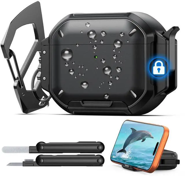 Main image of for AirPods Pro 3 Case Cover with Lock, Waterproof, Black | Secure Lock, IP68 Waterproof, MilitaryGrade Shockproof, Keychain, Phone Stand, Cleaner Kit