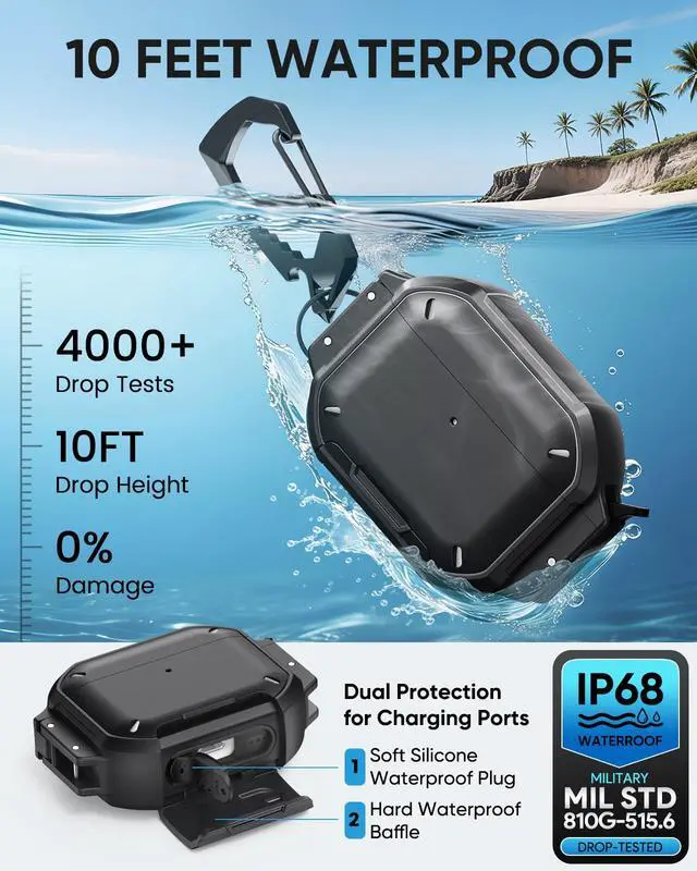 Alt view image 2 of 7 - for AirPods Pro 3 Case Cover with Lock, Waterproof, Black | Secure Lock, IP68 Waterproof, MilitaryGrade Shockproof, Keychain, Phone Stand, Cleaner Kit