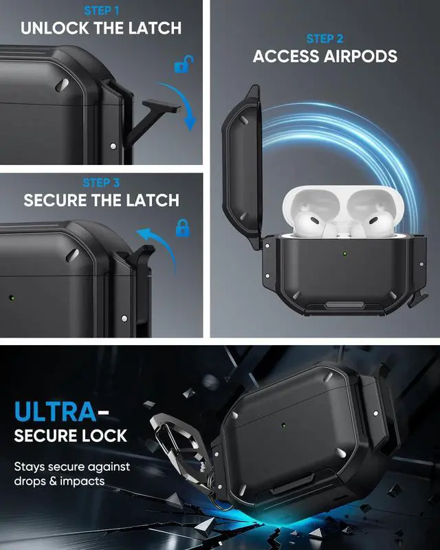 Alt view image 4 of 7 - for AirPods Pro 3 Case Cover with Lock, Waterproof, Black | Secure Lock, IP68 Waterproof, MilitaryGrade Shockproof, Keychain, Phone Stand, Cleaner Kit